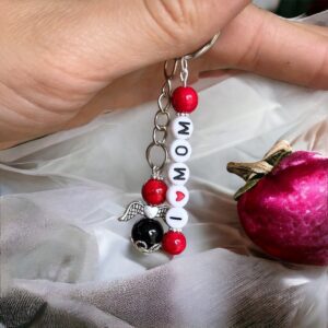 I LOVE MOM vörös korall ásvány kulcstartó