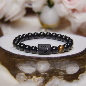 Fekete ónix-tigrisszem horoszkópos ásvány karkötő választható csillagjeggyel