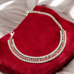 Liliána ezüst-piros színű 4 soros bizsu alkalmi karkötő