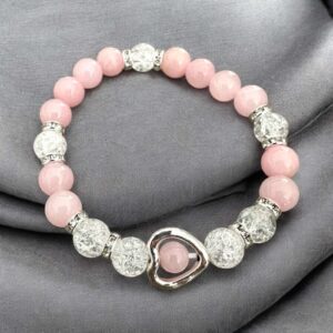 Alíz rózsakvarc ásvány karkötő szív charmmal